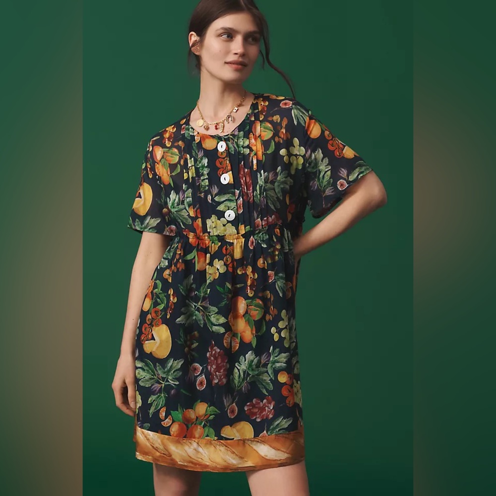 Rachel Antonoff Howard Cotton Silk Mini Dress Fruit Vegetable Medium Petite